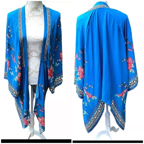 Flying Tomato Kimono Jacket Robe Kaftan Cover Up Blue Red Floral Sz S/M Boho - Picture 2 of 10